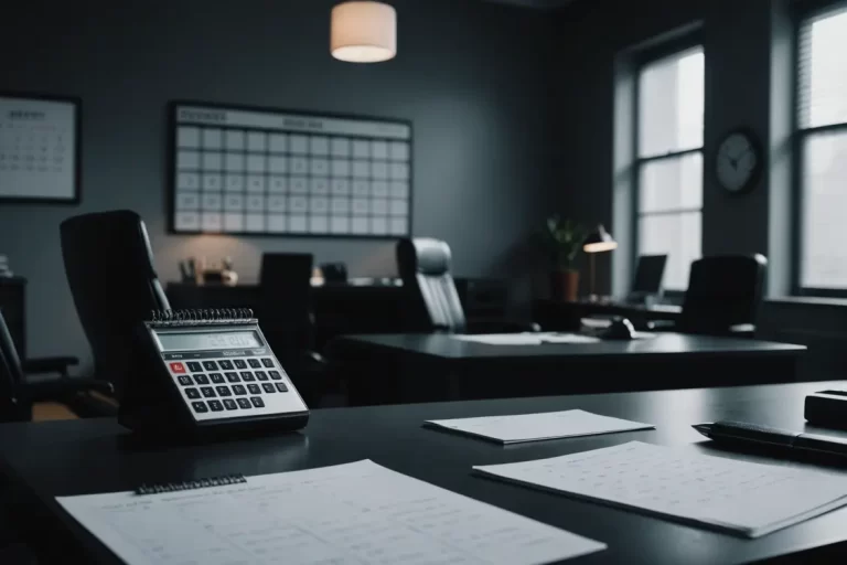 Scène de bureau contemporain minimaliste avec un grand bureau en vedette et un calendrier affichant les jours de manière dramatique dans un style film noir, finition mate, lumière ambiante, contraste élevé.