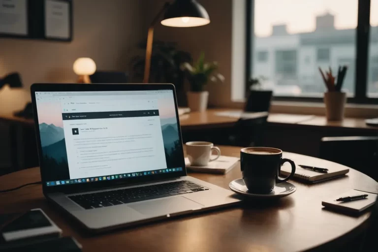 Image 4k d'un bureau de bureau élégant éclairé par une lumière ambiante douce avec un ordinateur portable ouvert sur un client de messagerie, des articles de papeterie bien rangés et une tasse de café fumante à côté.