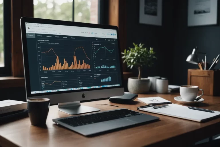 Un bureau minimaliste propre avec un écran haute résolution affichant divers tableaux et graphiques ressemblant à un tableau de bord de publicité pour moteur de recherche, avec une tasse de café à côté et un bloc-notes pour noter des stratégies.