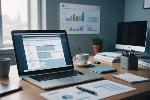 Bureau minimaliste avec un ordinateur portable ouvert affichant un logiciel de registre de personnel alternatif, une feuille de calcul Excel imprimée mise de côté, des icônes symboliques et des graphiques flottant au-dessus de l'écran, en tons gris et bleu doux, dans un éclairage doux et ambiant, de style peinture numérique haute résolution.