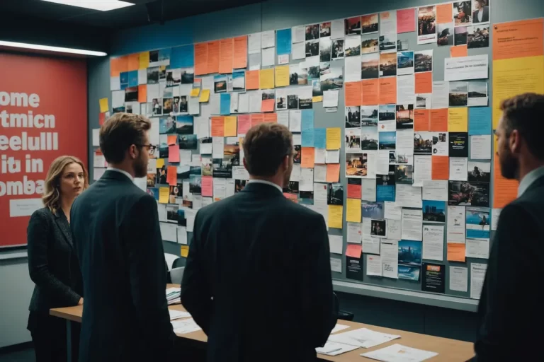 Des individus engagés dans des débats animés près d'un tableau d'affichage couvert de tracts syndicaux colorés, dans un lieu de travail à l'éclairage ambiant dramatique, en peinture numérique à haute résolution et au focus net.