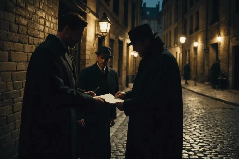 Un individu bien habillé échange des documents avec une figure encapuchonnée dans une vieille ruelle parisienne mal éclairée, au style cinématographique noir, éclairage dramatique et mise au point nette.