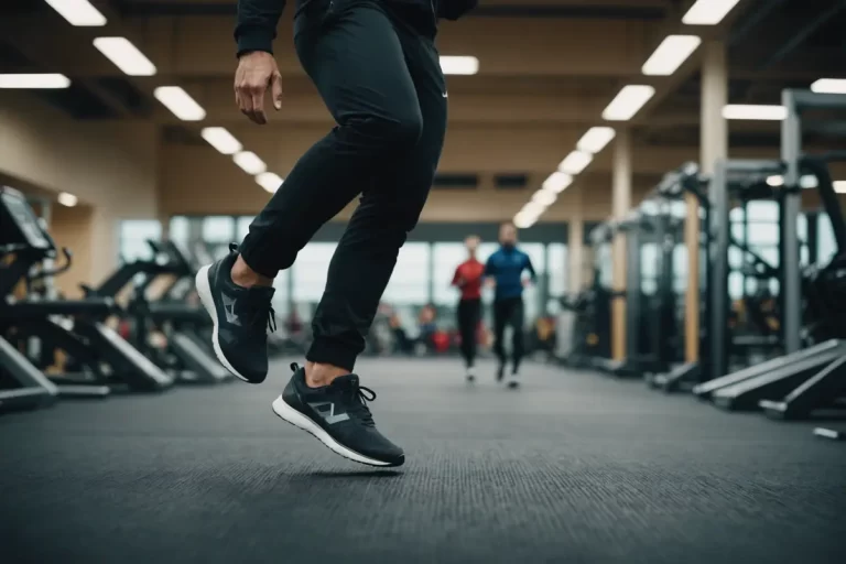 Employé en plein saut dans une salle de sport d'entreprise, un chèque de salaire visible dans sa chaussure de course, signifiant une récompense pour rester actif, éclairage de bureau subtile, effet mat, détails 4k clairs comme du cristal.
