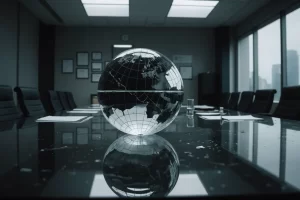 Globe de verre fissuré éclairé par un spot, posé sur une table de salle de réunion brillante, entouré de documents dispersés portant le titre 'Programme de Yomi Denzel & Oussama Ammar', une métaphore puissante des conséquences perturbantes des fuites dans le monde des affaires, éclairage sombre, photo monochromatique, esthétique minimaliste, mise au point nette.