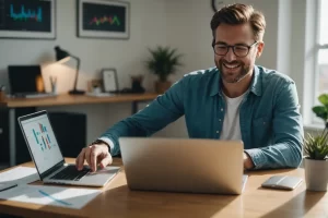 Individu joyeux regardant des graphiques et des chiffres de réussite d'investissement sur un écran d'ordinateur dans un espace de travail à domicile lumineux et minimaliste.