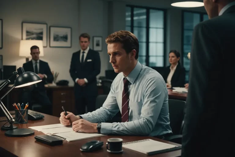 Un employé junior assis avec confiance au bureau de son supérieur, donnant des ordres à une équipe surprise, dans un espace de travail de bureau en haute résolution et monochrome pour une atmosphère d'autorité et de sérieux.