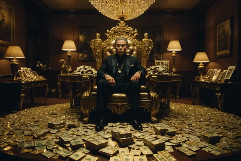 Image cinématographique d'un rappeur sur un trône doré parcourant une montagne de billets de banque, ses bijoux coûteux scintillant sous un projecteur tamisé, dans une pièce somptueuse remplie de collections de disques impressionnantes et d'artefacts de luxe, avec un éclairage d'ambiance qui met en valeur la texture des objets en 4K de haute qualité.