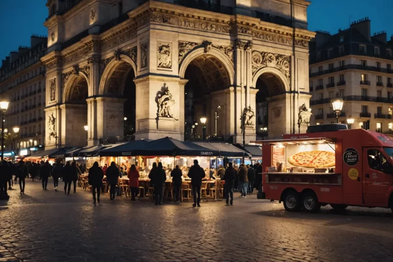 Peinture numérique d'une place bondée à Paris avec un camion à pizza garé parmi les monuments emblématiques, capturant l'effervescence des touristes et des locaux affamés, ambiance mate, éclairage ambiant, 4k.