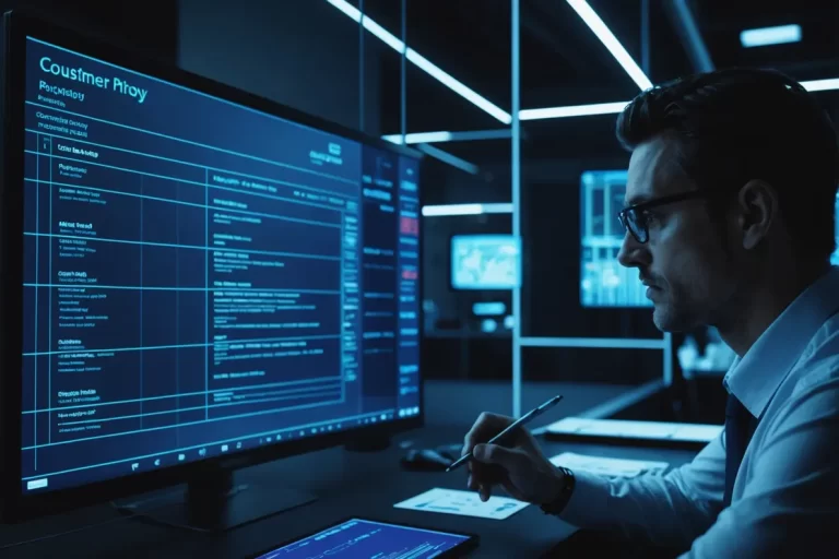 Un marketeur analyse un graphique du comportement client sur un écran numérique dans un bureau futuriste aux lumières néon bleues.