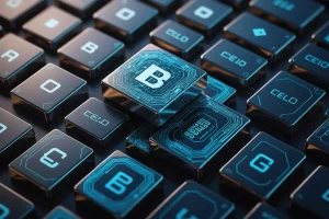 Image en haute résolution d'une chaîne de blocs métallique en 3D organisant soigneusement des blocs de différentes tailles symbolisant des actifs, le tout superposé sur un écran numérique futuriste et lumineux avec le logo Celo en évidence.