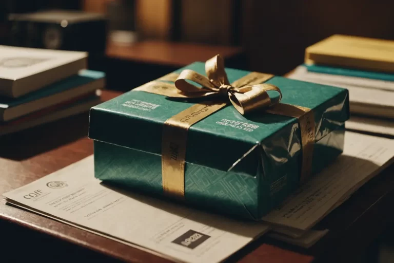 Cadeau emballé négligé et poussiéreux sur un bureau encombré de brochures de formation CPF, dans une pièce faiblement éclairée.