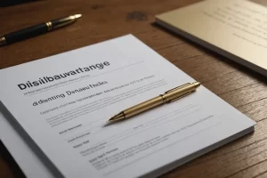 Une représentation minimaliste d'une pile de documents d'assurances du Luxembourg sur un bureau haut de gamme en bois, avec un stylo doré et une phrase visible 'Les inconvénients', suggérant les risques sur le marché, mise au point douce, rendu Octane.