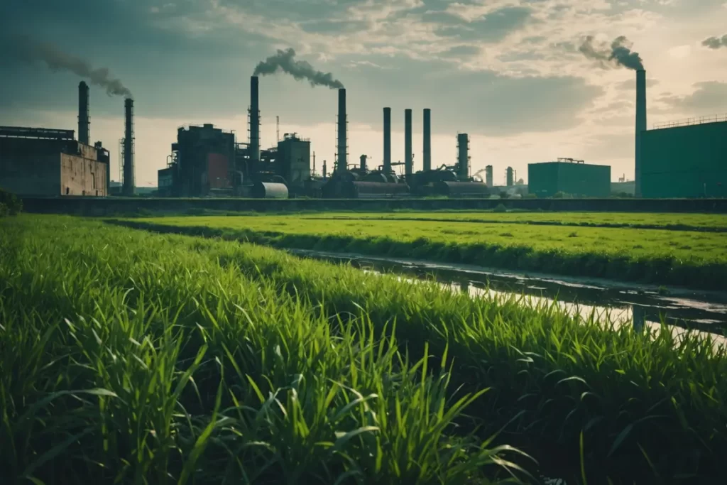 Image bipartite représentant un champ verdoyant symbolisant la prospérité et l'équilibre écologique d'un côté, et une zone industrielle usée et noire symbolisant la pollution et la dégradation de l'autre, éclairage ambiant net.