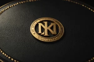 Logo générique se transformant en emblème en or embossé sur du cuir noir premium, reflétant une évolution vers le luxe, avec une finition mate élégante.