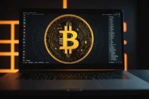 Écran d'ordinateur affichant la plateforme Immediate Avage 360 avec un symbole Bitcoin projetant une ombre menaçante, finition mate, palette de contrastes élevés, 4k.