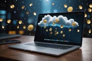 Illustration digitale où des pièces numériques étincelantes tombent d'un nuage sur un ordinateur portable, symbolisant l'airdrop Kamino, accompagnée d'un graphique montrant les gains potentiels.