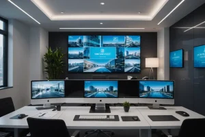 Intérieur de bureau immobilier brillant avec une analyse SWOT affichée sur un grand écran technologique, éclairage ambiant moderne et retouches professionnelles en 3D.