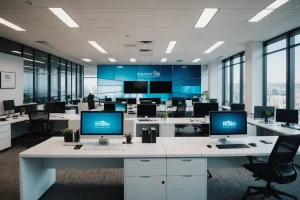 Vue panoramique d'un espace de bureau moderne avec un ordinateur divisé en segments affichant différents publicités de marketing ciblé, le tout en couleurs vibrantes et en résolution 8K.