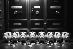 Photographie en noir et blanc de six cochons-tirelires brisés, chacun avec des etiquettes financières, devant l'arrière-plan d'une chambre forte sécurisée, éclairage ambiant, 8k, mat.