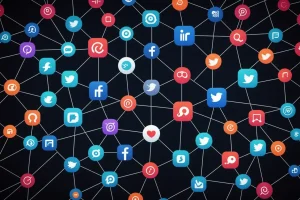 Illustration digitale abstraite des icônes de médias sociaux entremêlées de lignes fluides et de nœuds lumineux sur un fond sombre, représentant des algorithmes.
