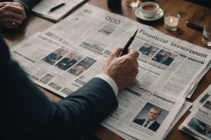 Vue en plongée d'une table recouverte de journaux financiers, avec les mains d'un investisseur tenant un stylo au-dessus d'un document indiquant un investissement de 5000 euros, finition mate, élégante.