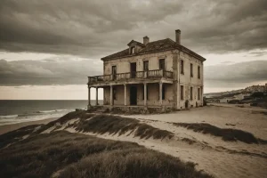 Photographie sépia ancienne montrant une maison délabrée en bord de mer en Espagne, avec des signes visibles d'érosion, sous un ciel mélancolique et nuageux.