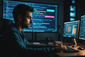 Rayan optimise avec intensité la configuration d'un logiciel de messagerie, éclairé par l'éclat de son écran d'ordinateur, au milieu d'un ensemble de codes et d'interfaces flottantes.