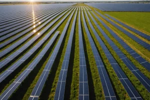 Photographie panoramique d'un vaste champ parsemé de panneaux solaires luisants sous le soleil radiant, produisant de longues ombres symétriques, peinture numérique en 4K, éclairage dramatique et élégant.
