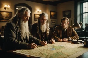Photographie vintage d'un bureau moderne éclairé par un bâton lumineux symbolisant la magie de Gandalf, où des employés discutent avec détermination autour d'une carte de Terre du Milieu.