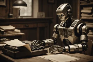 Robot humanoïde dans un univers dystopique, assis à un ancien bureau en bois, tapant sur une machine à écrire vintage, entouré de pages froissées avec du texte barré, finition mate, ton sepia subtil.