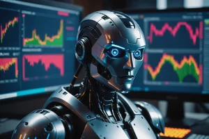 Gros plan d'un robot sophistiqué devant un écran d'ordinateur exécutant le logiciel de trading 'Immediate Avapro XP', représenté comme un piège holographique, avec des graphiques de marché indiquant une fluctuation extrême soudaine.
