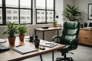 Image photoréaliste d'un espace de bureau moderne baigné de lumière naturelle douce avec une chaise ergonomique, une plante en pot verte sur un bureau élégant et une tasse de thé aux herbes apaisante à côté d'un bloc-notes avec une liste de 'Objectifs de bien-être'.