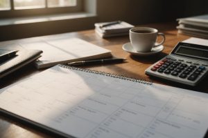 Image photo-réaliste d'un bureau soigneusement agencé avec un calendrier, un notebook et des factures disposées, un stylo prêt à noter les dates, la lumière du soleil filtrant par une fenêtre proche, des ombres douces, une mise au point nette, une composition élégante.