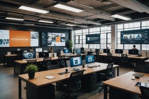 Image photoréaliste d'un espace de coworking moderne avec des bureaux épurés, des ordinateurs portables, des tasses de café, des grandes fenêtres apportant une lumière naturelle douce et un grand panneau numérique affichant des icônes de réseaux sociaux et des analyses en arrière-plan.