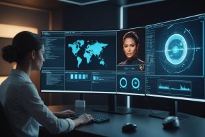 Image photoréaliste d'une interface informatique élégante sur un grand écran, avec un assistant numérique sous forme d'avatar lumineux interagissant avec divers systèmes automatisés dans un espace de travail moderne et épuré.