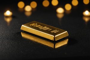 Image photoréaliste d'un lingot d'or brillant posé à plat sur une surface de velours noir, avec de doux reflets, illuminé par une lumière ambiante chaleureuse, aux textures détaillées et lisses.
