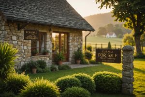 Image photoréaliste d'une charmante maison d'hôtes à la campagne avec des murs en pierre rustiques, un panneau en bois accueillant indiquant 'A vendre - Retraite', nichée dans un paysage verdoyant sous un coucher de soleil doré, éclairage d'ambiance doux, hautement détaillé.