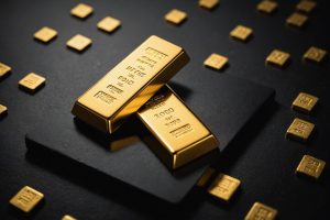 Illustration numérique représentant deux balances métalliques, l'une avec des barres d'or lumineuses, l'autre avec du palladium argenté, sur fond bleu profond.