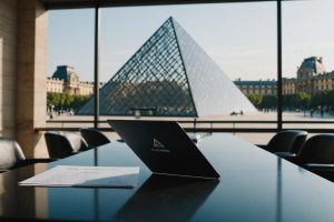 Image photoréaliste d'une salle de réunion élégante avec une table en verre, une carte noire posée sur des documents financiers, la pyramide du Louvre visible par la grande fenêtre, ambiance luxueuse avec une lumière douce d'après-midi.
