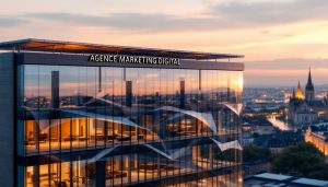 Agence de marketing digital située à Bordeaux, avec des éléments visuels liés au numérique et à la communication.