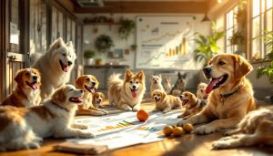 Un chien assis dans un environnement illuminé, entouré de graphiques de profits.