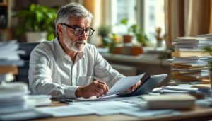 Un comptable professionnel examine des documents financiers tout en utilisant un ordinateur.