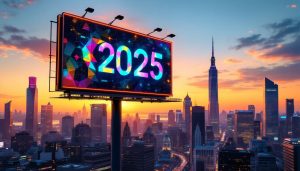 Panneau publicitaire futuriste vibrant avec des couleurs dynamiques et des motifs abstraits.