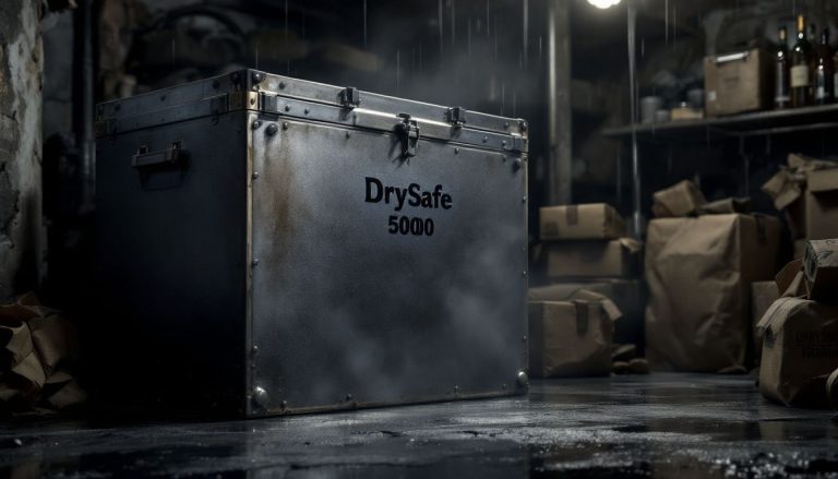 Boîte anti-humidité posée sur un sol en béton dans une cave sombre.