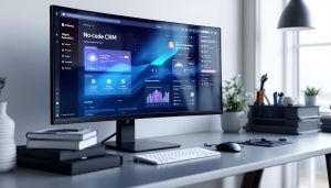 Un bureau moderne avec un écran affichant un logiciel de gestion de la relation client (CRM).