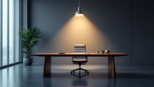 Bureau vide baigné de lumière naturelle, suggérant calme et sérénité.
