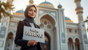 Femme musulmane portant un foulard, présentant des opportunités d'emploi lors d'un événement professionnel.