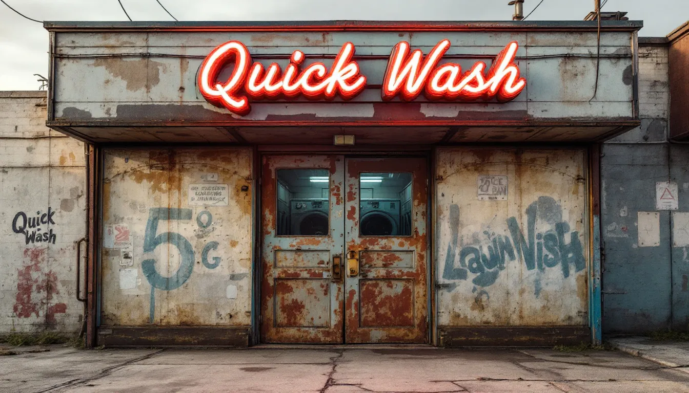 Laverie désuète avec un néon clignotant au-dessus des machines à laver.