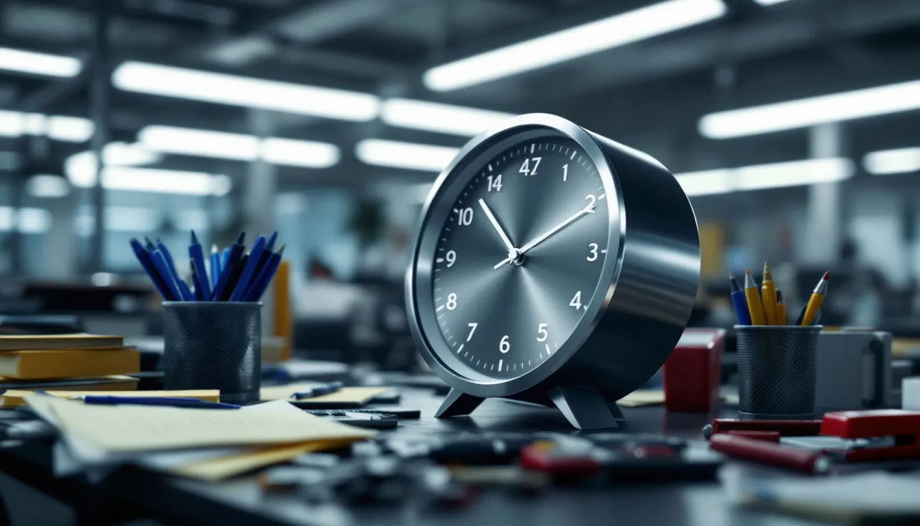 Horloge de bureau aux chiffres déformés, illustrant une perception altérée du temps.