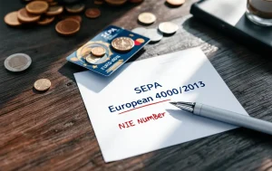 Une carte bancaire posée à côté d’un formulaire SEPA rempli.